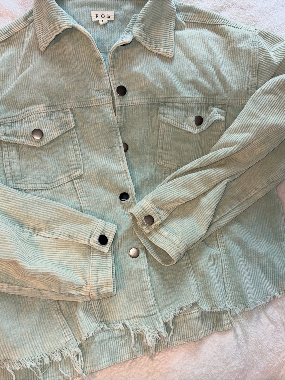 POL Corduroy Button Up Trucker Jacket Light Green Raw Hem Sz L - Picture 5 of 8